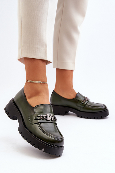 Mocassins Femme En Cuir Avec Décoration Vert Foncé Loraleima