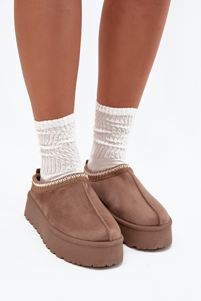 Niedrige Damen Schneestiefel Mit Stickerei Auf Der Plattform Dunkelbeige Narirya
