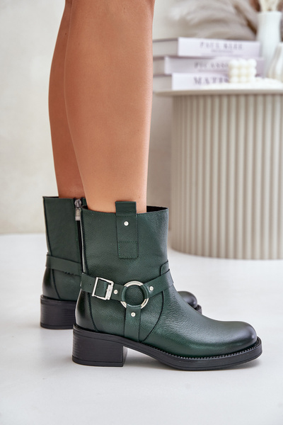 Zazoo 60480 Leder Stiefeletten Mit Niedrigem Absatz Gefüttert Dunkelgrün
