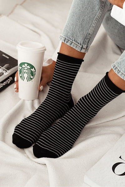 Damen Druckfreie Socken Mit Dünnen Streifen Schwarz