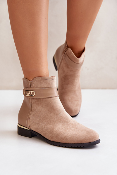 Bottines chaudes pour femmes à talon plat et détail doré beige Ravasira