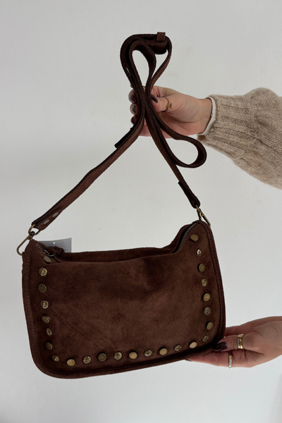 Sac en cuir en daim orné de pierres brun Savra