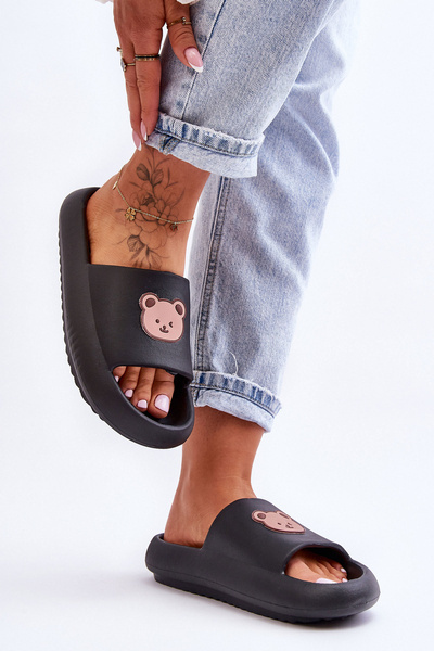 Chaussons Femme Légères En Mousse Avec Ours En Peluche Noir Lia