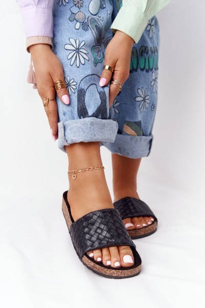 Papuci din piele pe talpa Cork Black Catalina