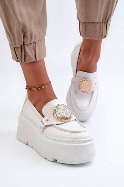 Zazoo 3458 Mocassins En Cuir Pour Femme Avec Décoration Blanc