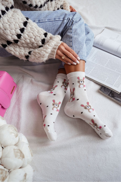 Damen Socken Hasen Und Punkte Ecru