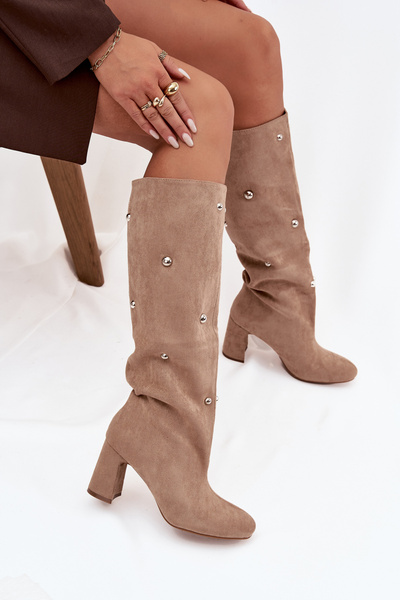 Women's Fur-lined Boots on Block Heel with Decorative Details Beige Lucinda