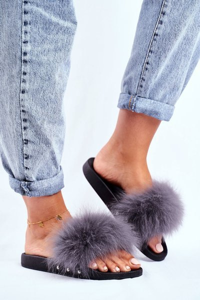 Claquettes Femme Avec Fourrure Naturelle Gris Bushido