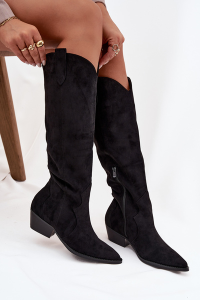Bottes Cow-boy en Daim Écologique en Daim pour Femmes à Talon Noires Jenaya