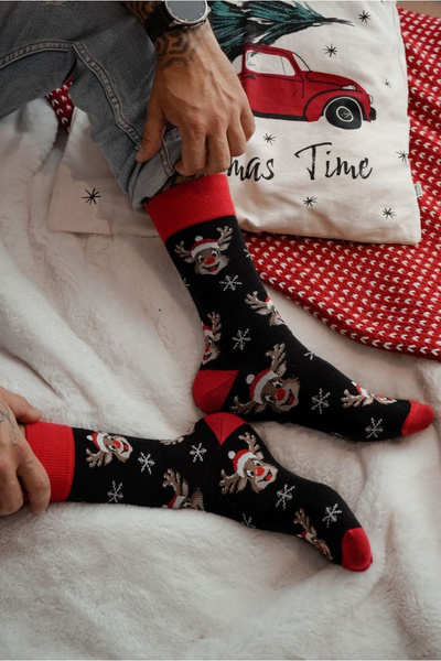 Chaussettes de Noël pour Hommes Rennes Souriants Noires