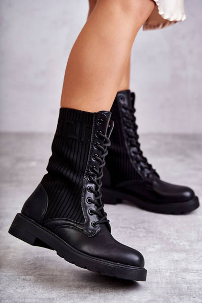 Bottines Femme Avec Chaussette Sur Talon Plat Noir Liam
