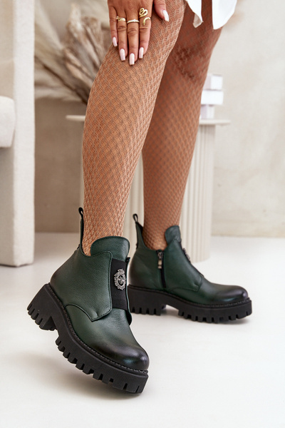 Zazoo 60451 Women's Leather Ankle Boots With Decoration Dark Green