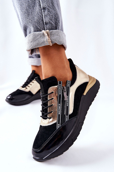 Leder Sportschuhe Turnschuhe Schwarz und Gold Minor