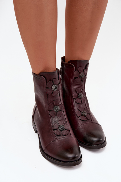 Bottes d'hiver pour femmes à talon plat avec des fleurs décoratives Bordeaux Pravienne