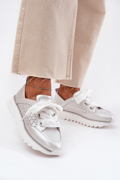 Damen Leder Sneaker Auf Eine Plattform D&A LR51-796 Silber