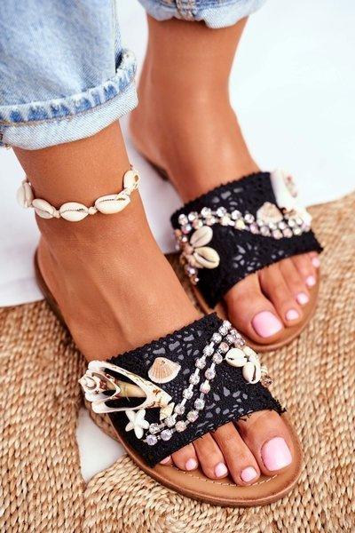 Damen Flip Flops mit Muscheln Schwarz Spanien