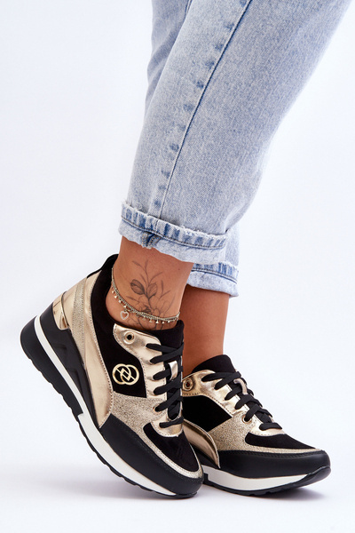Women's Lace-Up Wedge Sneakers Black And Gold Genova