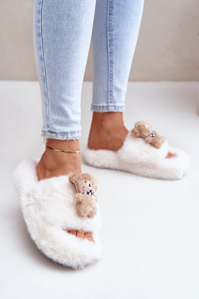 Women's Furry Slippers With Bear White Romania