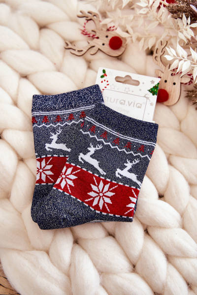 Chaussettes de Noël femme Renne brillantBleu marine