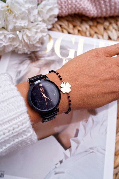 Women's Bracelet On Chain Pink Gold Black Beads Clover Chaser