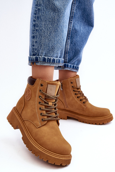 Bőr bélésű szőrmével bélelt csizma Trapper Camel Felizia