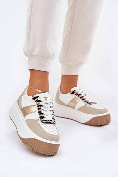 Baskets pour femmes sur une plateforme massive motif animal beige-or Telanila