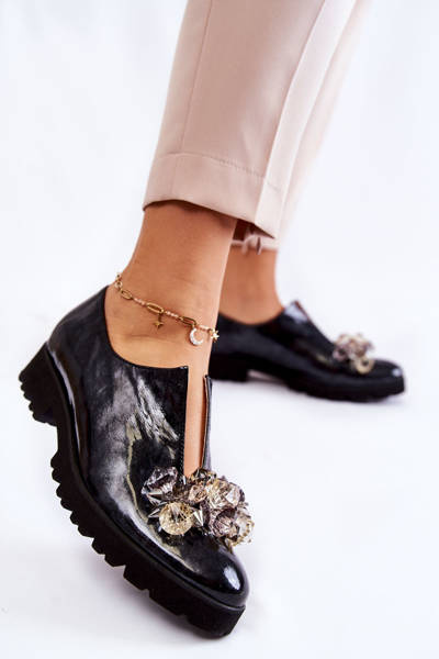 Pantofi eleganți cu lăcuiți cu decor negru și gri cindy
