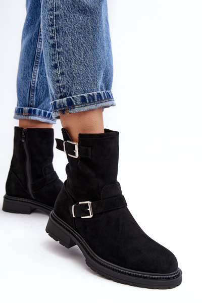 Bottines à Talon Plat avec Boucles pour Femme Noir Bliggore