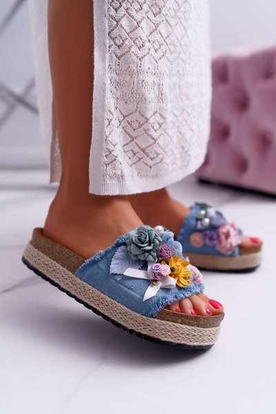 Damen Flip Flops mit Blumen dicke Sohlen Blau Amadeo