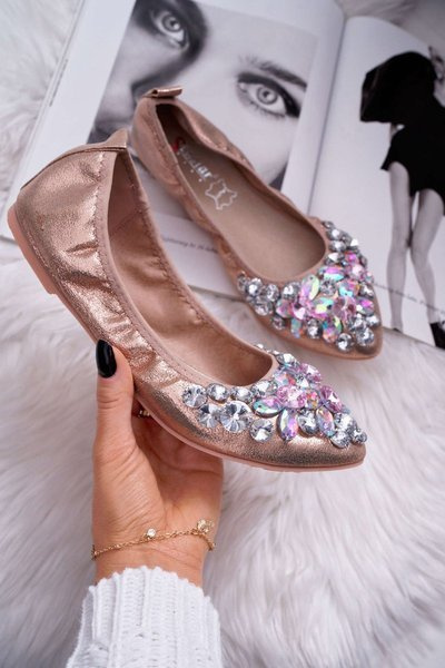 Ballerines en Cuir avec Pierres Cristal Or Rose