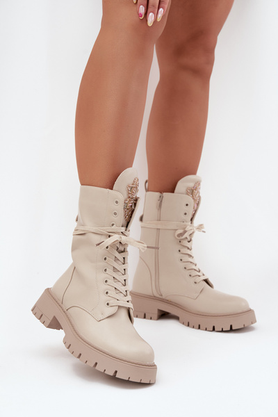 Gefütterte Worker-Stiefel mit Dekoration beige Kelilea