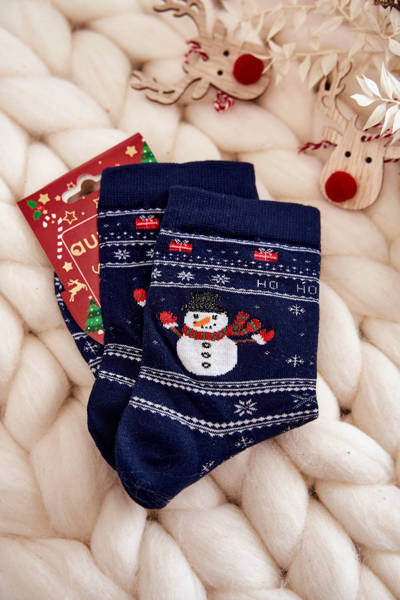 Moteriškos medvilnės kalėdinės kojinės Snowmen tamsiai mėlynos spalvos