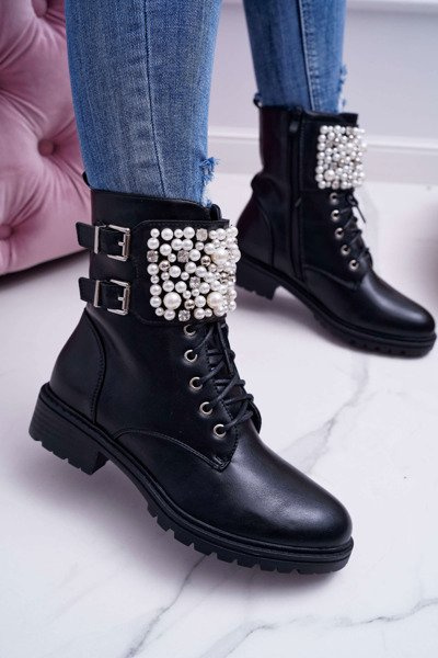 Women's Flat Heel Military Boots Black Bemmer