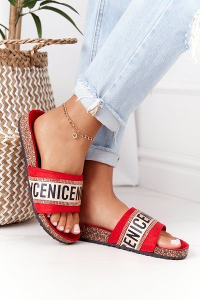 Chaussons Sur Semelle En Liège Avec Zircons Cubiques Rouge Be Nice