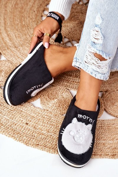 Velours Pantoffeln mit Katze Schwarz Guten Morgen