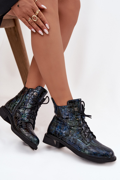 Patent leather women's ankle boots made of genuine leather D&A LZ52-962 navy blue