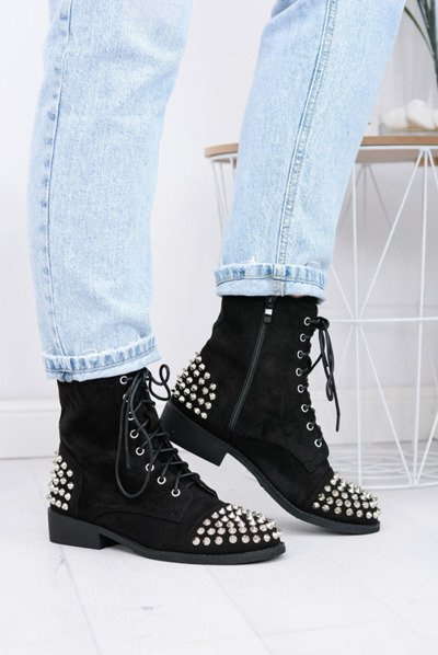 Lu Boo Damenstiefel Wildleder Schwarz Workers mit Nieten Tension