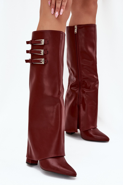 Damenstiefel Mit Absatz Umgeschlagener Schaft Riemen Mit Schnallen Burgunder Nirisa