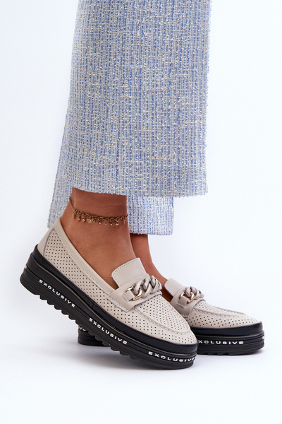 Damen Leder Plateau-Loafer mit Ketten-Detail S.Barski LR618 Beige