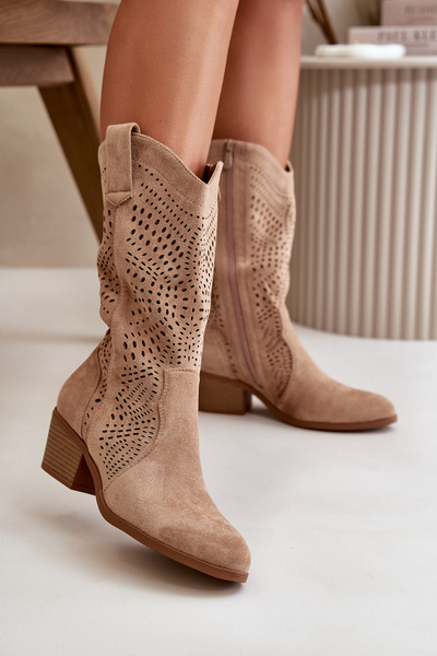 Durchbrochene Damen-Cowboy-Stiefel mit Absätzen in Braun Iceda