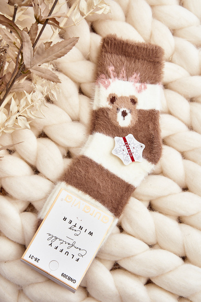 Chaussettes en Fourrure Enfant avec Ours Marron-Blanc