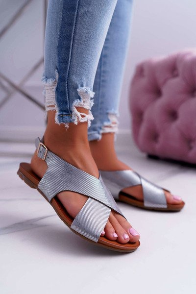 Laura Messi Silber 1960 Flache Damen Sandalen aus Leder