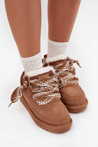 Wildleder Damenschneetreter Mit Fell Und Dicker Schnürung Vinceza 97963 Camel