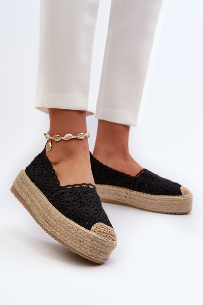 Schwarze Damen Espadrilles mit Spitze und Plateau Elarose