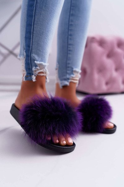 Women's Flip Flops with Natural Fur Purple Naturis