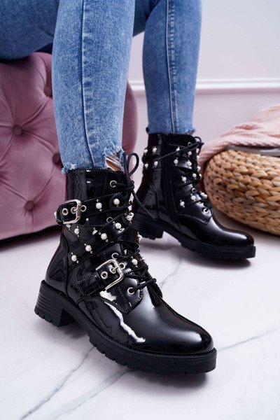 Bottines Plates Laquées Pour Femme Avec Perles Black Domination