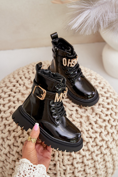 Lackierte Mädchenstiefel Mit Isolierung Und Dekorativem Riemen Schwarz Gilian
