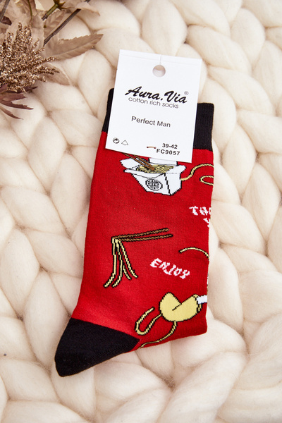 Herrensocken mit asiatischen Nudelmustern in Rot