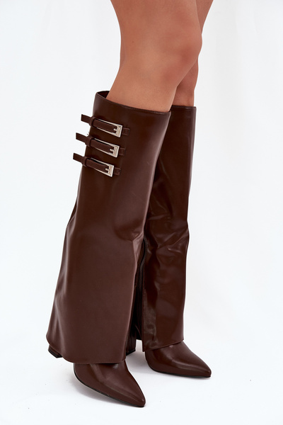 Damen Stiefel Mit Absatz Umgeschlagener Schaft Riemen Mit Schnallen Schokoladebraun Nirisa