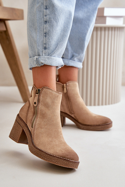 Bottines doublées pour femmes à talon bloc en Velarilla beige